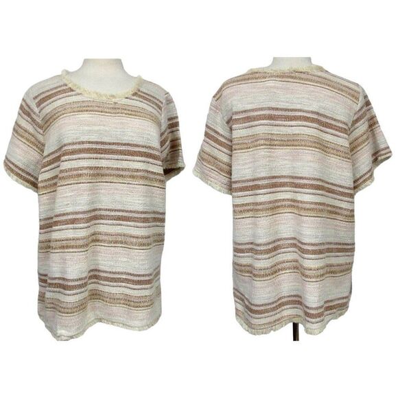 Woven Cotton Pullover Tunic Top Fringed Edges Neutrals Green Envelope LA 3X NEW - Picture 1 of 6